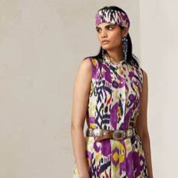 Ralph Lauren Resort 2022 Collection Freida Ikat Print Silk A-Line Midi Day Dress - Picture 7 of 15